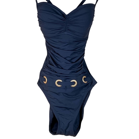 Bleu Rod Beattie One Piece Black Swimsuit with Ruching & Gold Tone Accen… - Picture 13 of 13